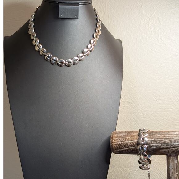 Vintage Monet Modernist Silver Tone Necklace & Bracelet Set - Picture 1 of 7